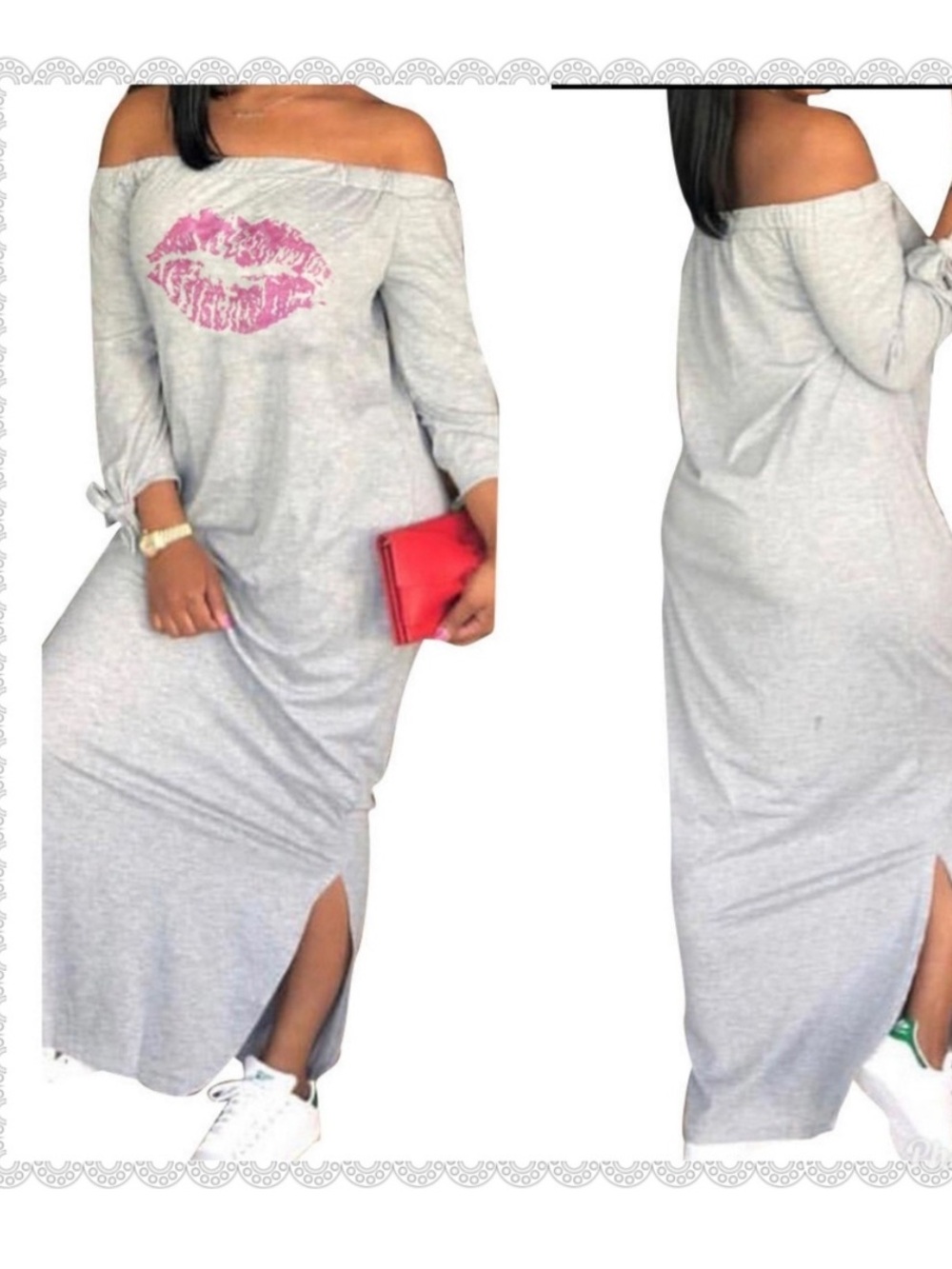 Off-Shoulder Gray Maxi Dress with Pink Lip Print